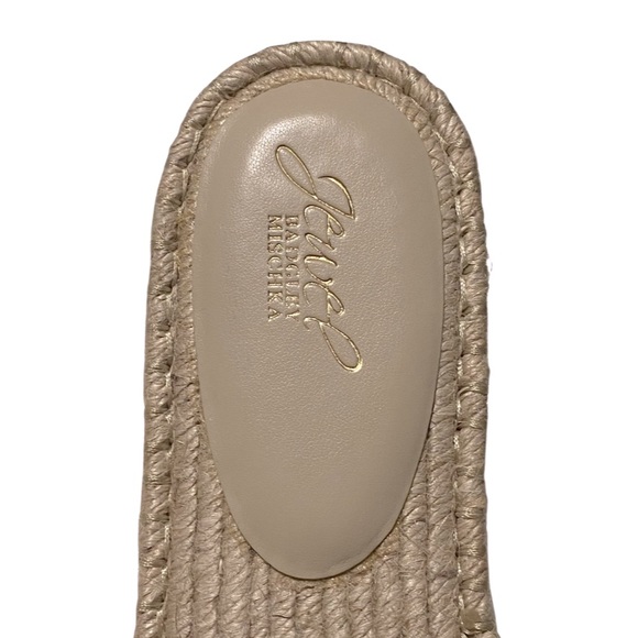Badgley Mischka Espadrille Slides, Tan & White Raffia Embroidery, Beads, Floral - Picture 10 of 12